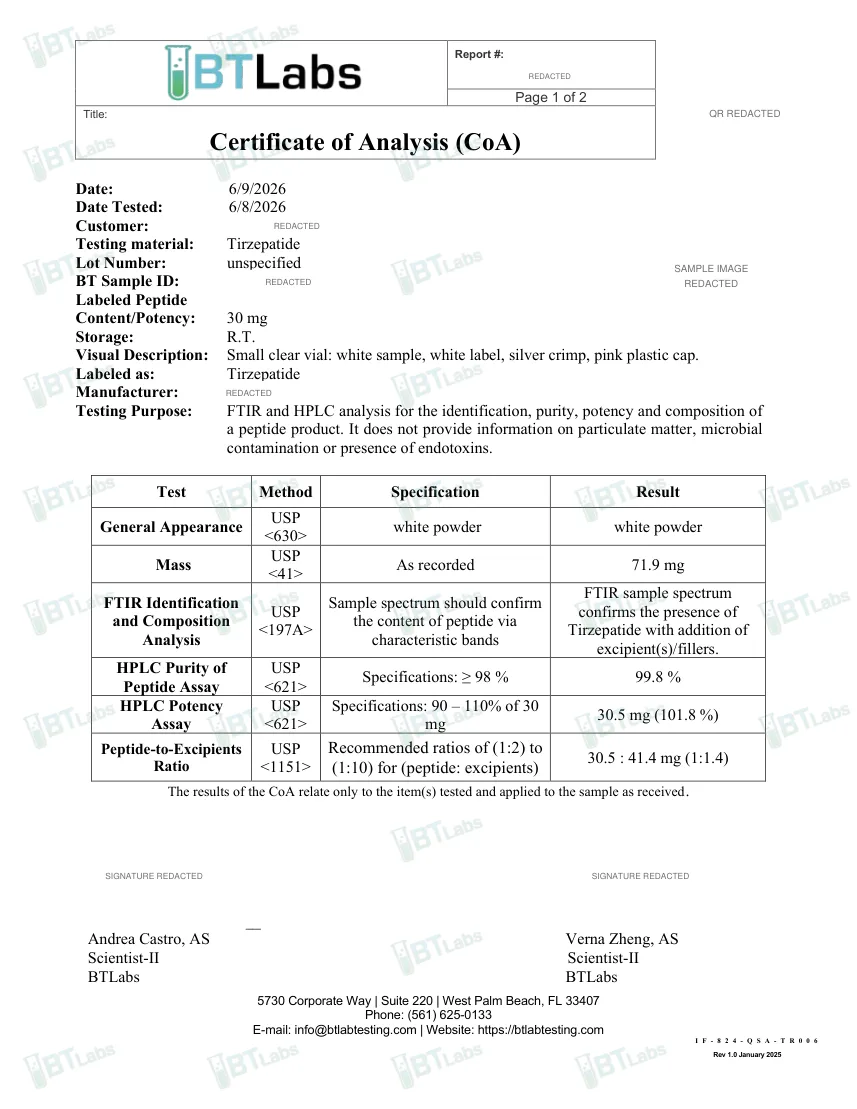 Redacted sample COA and testing documentation preview