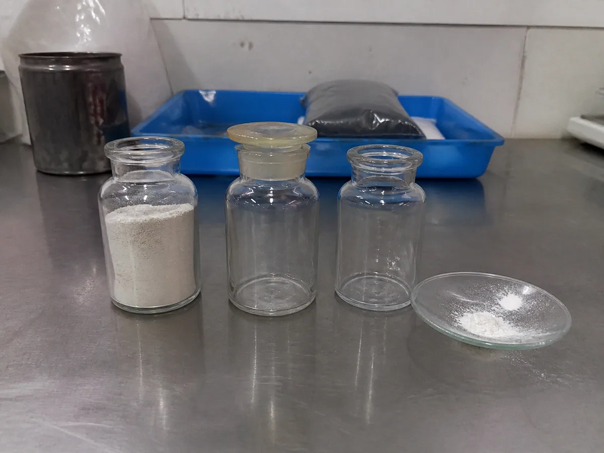 Peptide raw material samples at a laboratory workbench