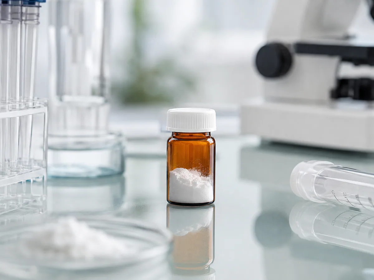 Ipamorelin peptide material sample in an amber laboratory vial