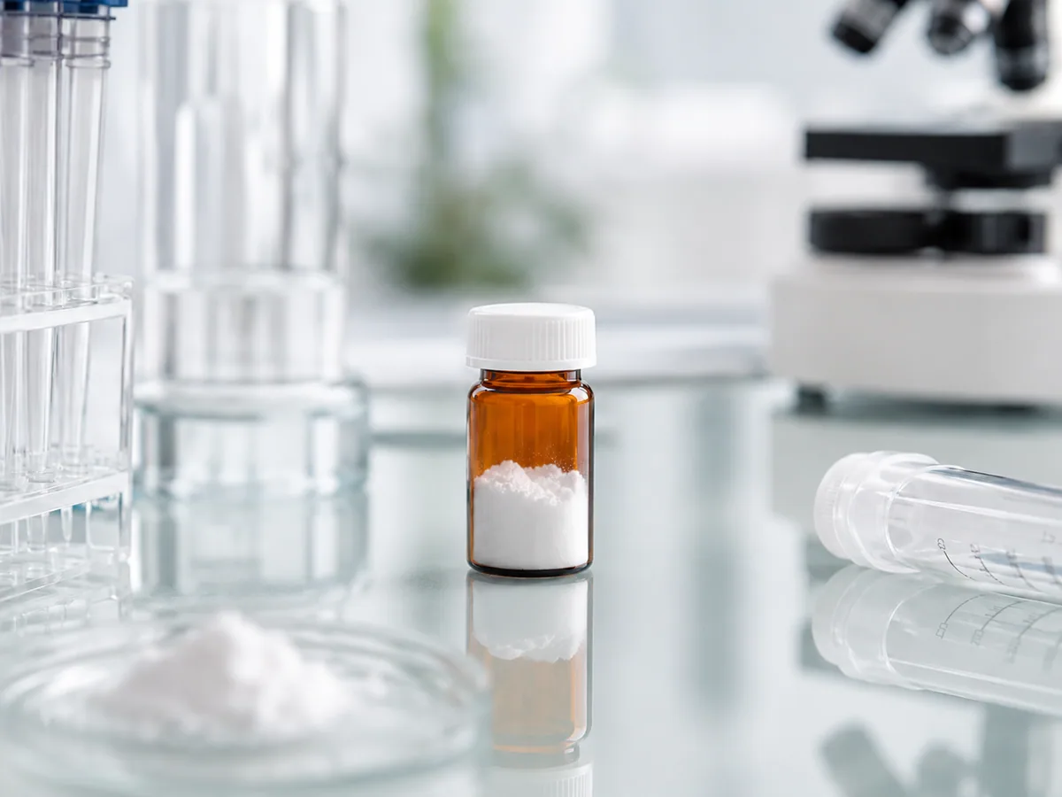 Semax peptide powder sample in an amber laboratory vial