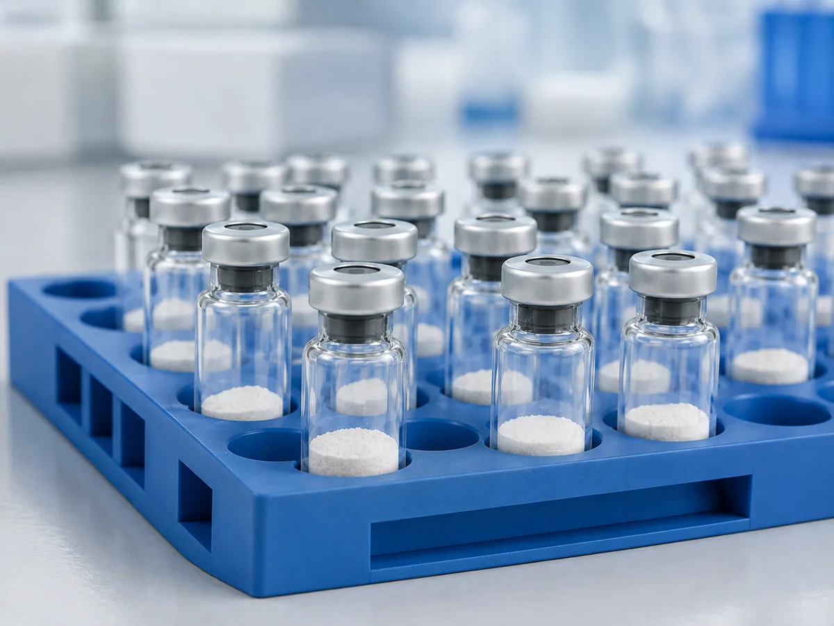 DSIP lyophilized research vials arranged in a sample tray