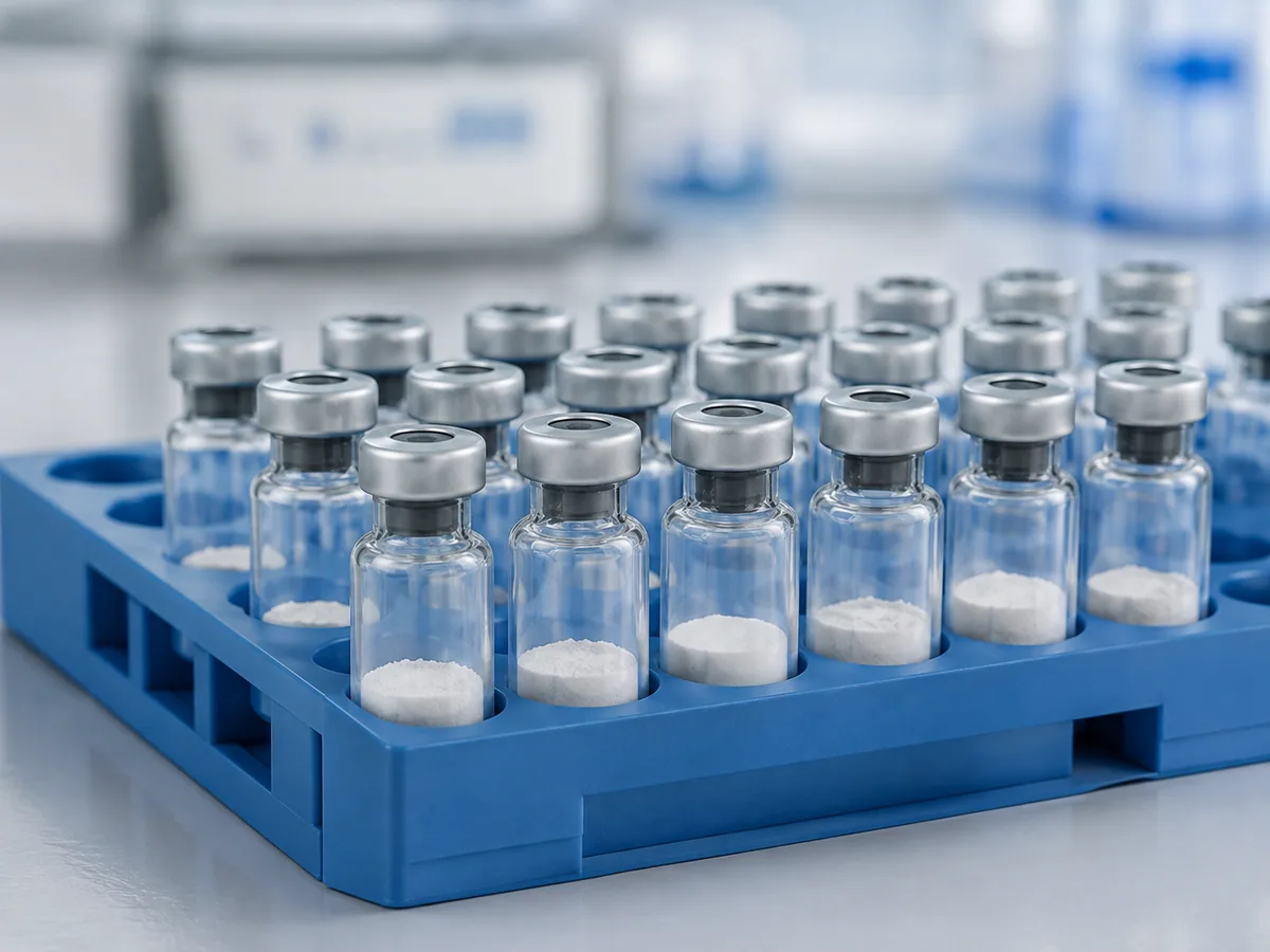 MOTS-c lyophilized peptide vials in a sample tray