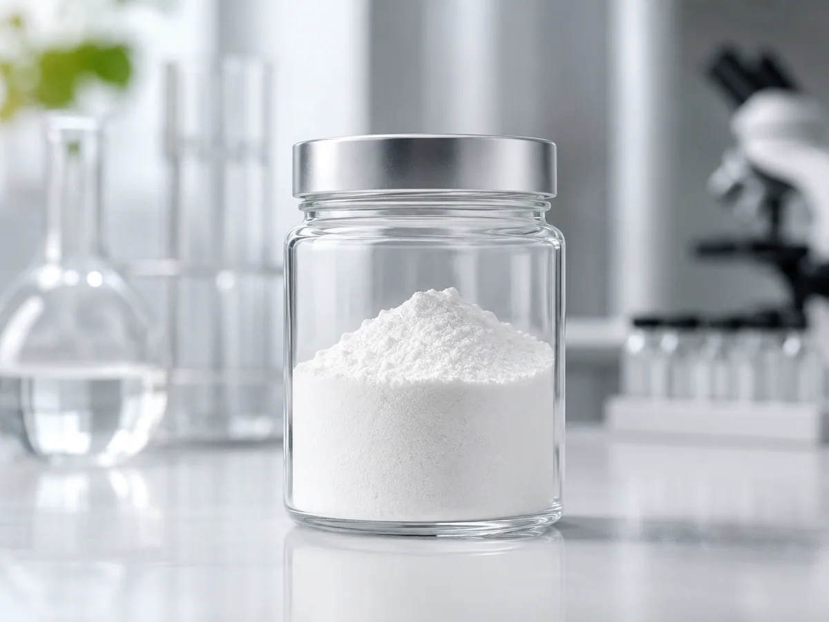 FOXO4-DRI white peptide powder sample at a laboratory bench